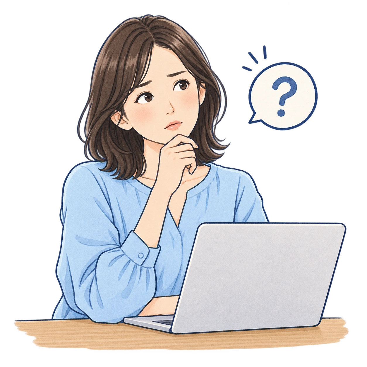 パソコンを前に、AIへの頼み方を考える女性のイラスト