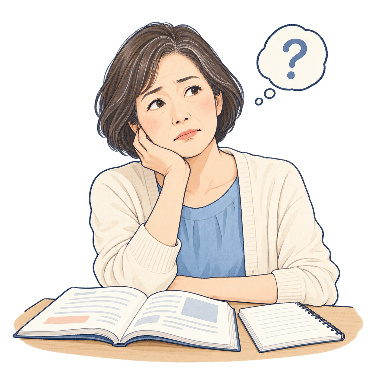 本とノートを開き、ひとりでの勉強に戸惑う女性のイラスト