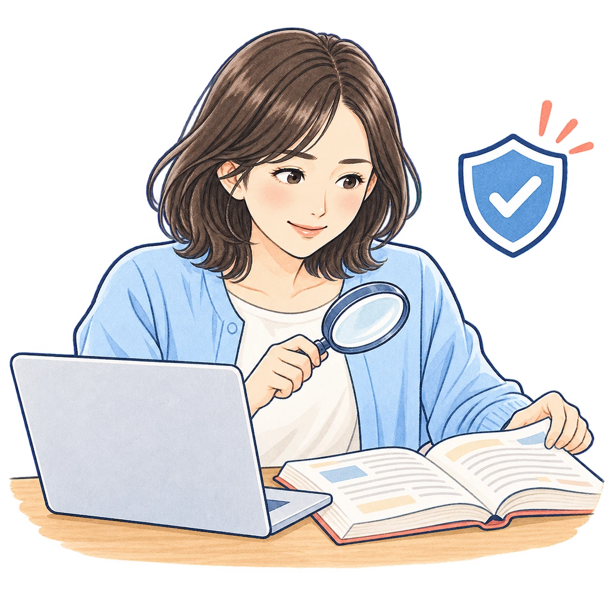 資料と照らし合わせてAIの回答を確認する女性のイラスト